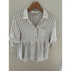 Listicle Woven Periwinkle Blue Cream Striped Button Down Shirt Tie Sleeves Med